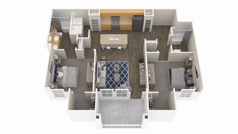 a 3d drawing of a floor plan with bedrooms and a living room